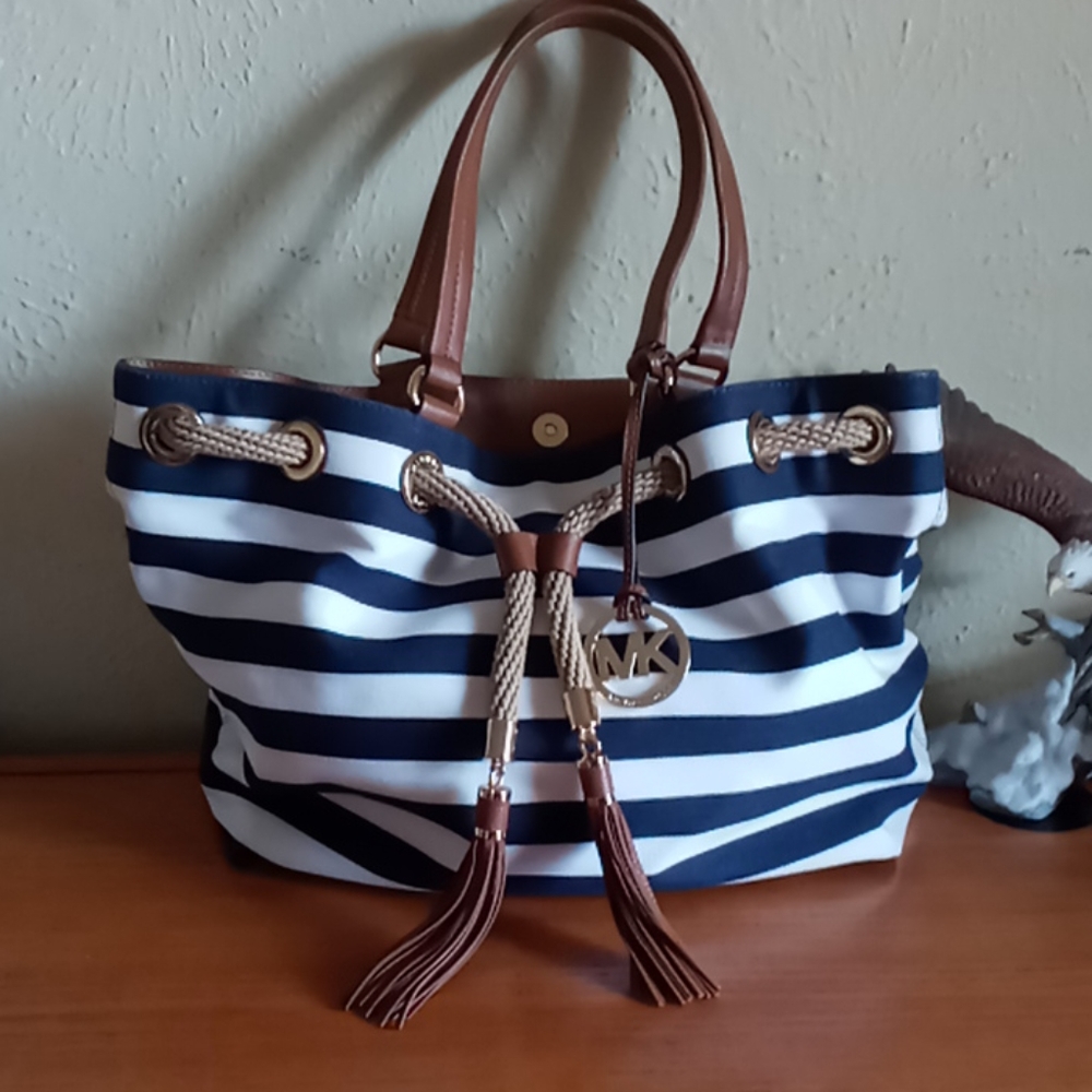 Michael Kors Navy & White Striped Tote Bag with Brown Leather Trim